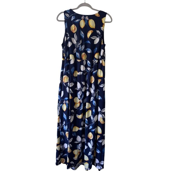 Soma Womens Navy Lemon Print Sleeveless Knit Maxi Dress With Side Pockets  L - Picture 3 of 14